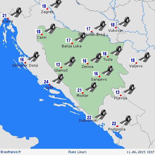 mété des routes Bosnie-Herzégovine Europe Cartes de prévision