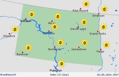 index uv Dakota du Nord Amérique du Nord Cartes de prévision