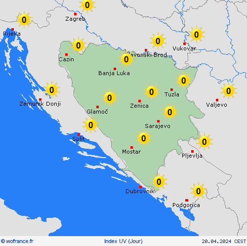 index uv Bosnie-Herzégovine Europe Cartes de prévision
