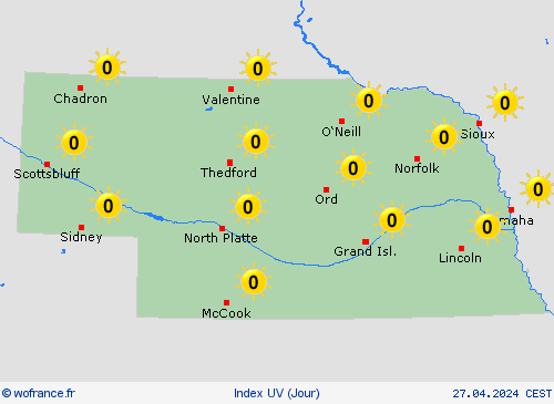 index uv Nebraska Amérique du Nord Cartes de prévision